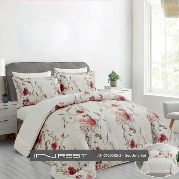6-Piece Bed Set - King Comforter (230x250 cm), Fitted Sheet, 4 Pillow Covers - Elegant White with Red Roses Design