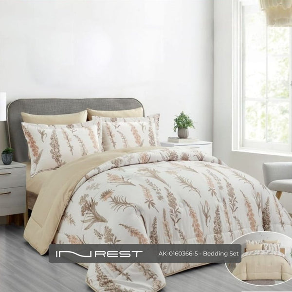 4-Piece Bed Set - Single Comforter (170x230 cm), Fitted Sheet, 2 Pillow Covers - 100% Microfiber in Dark and Light Beige Tones