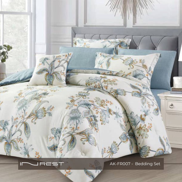 100% Cotton King Size Comforter Set of 7 Pieces Color is light blue and gold