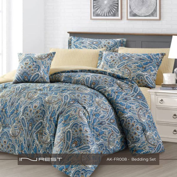 100% Cotton King Size Comforter Set of 7 Pieces The color is blue and yellow