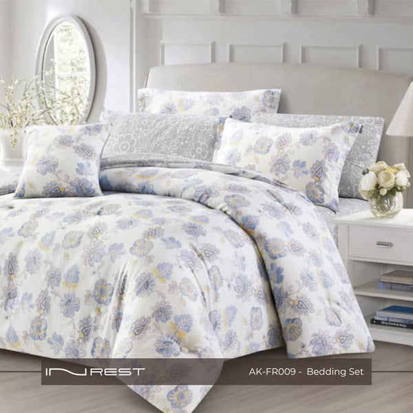 100% Cotton King Size Comforter Set of 7 Pieces The color is white, light blue and yellow